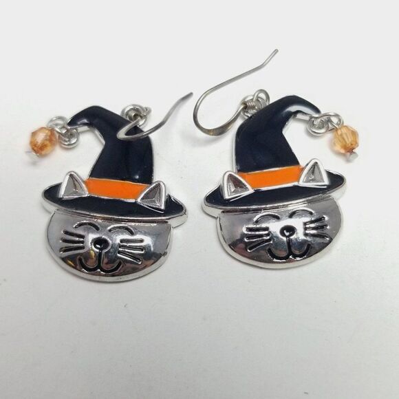 Vintage Cute Halloween Cat Dangle Earrings, Witches Hat, Enamel, Silver Tone - Picture 2 of 6